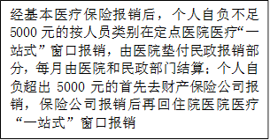 经基本医疗保险报销后，个人自负不足5000元的按人员类别在定点医院医疗“一站式”窗口报销，由医院垫付民政报销部分，每月由医院和民政部门结算；个人自负超出5000元的首先去财产保险公司报销，保险公司报销后再回住院医院医疗“一站式”窗口报销